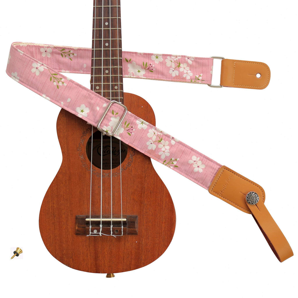 MUSIC FIRST Original Design Vintage “Pink Sakura” Soft Cotton & Genuine Leather Ukulele Strap Ukulele Shoulder Strap With a MUSIC FIRST Genuine Leather Strap Locker