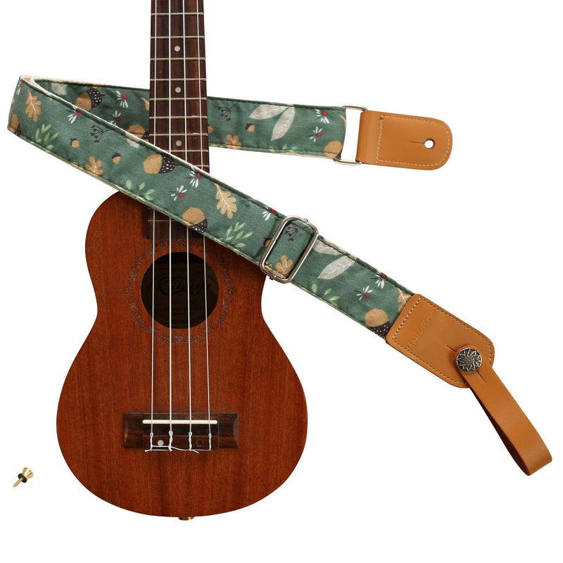 MUSIC FIRST Original Design Vintage “Acorn” Soft Cotton & Genuine Leather Ukulele Strap Ukulele Shoulder Strap With a MUSIC FIRST Genuine Leather Strap Locker