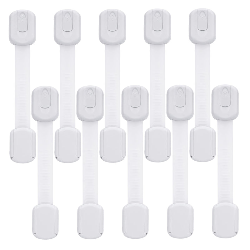 Child Safety Cabinet Locks - (10 Pack) Baby Proofing Latches to Drawer Door Fridge Oven Toilet Seat Kitchen Cupboard Appliance Trash Can with 3M Adhesive - Adjustable Strap No Drill No Tool White