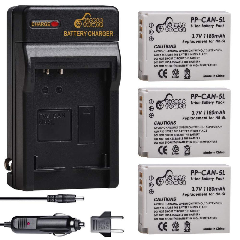 NB-5L Battery (3-Pack) and Charger for Canon PowerShot S100 S110 SD700 is SD790 is SD800 is SD850 is SD870 is SD880 is SD890 is SD900 is SD950 is SD970 is SD990 is SX200IS SX210IS SX220IS