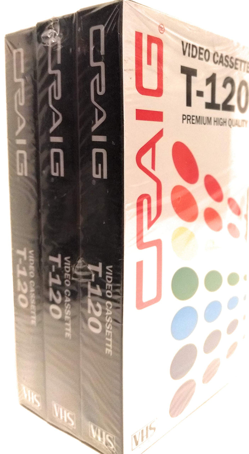 Craig CC358 Premium Blank T-120 VHS Video Tapes | 3-Pack | Video Casette Tapes | Recordable and Reusable | 120-Minute Recording Time | 6-Hour Total Time |
