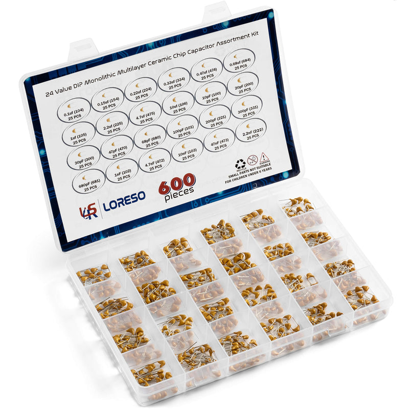 Ceramic Capacitor Assortment Kit Box by Loreso - 600 pcs 24 Value Electronics Assortment Kit Includes 10pf to 10uf 50V Ceramic Capacitors for Hobby Electronics, Audio-Video Project Electronic Repair