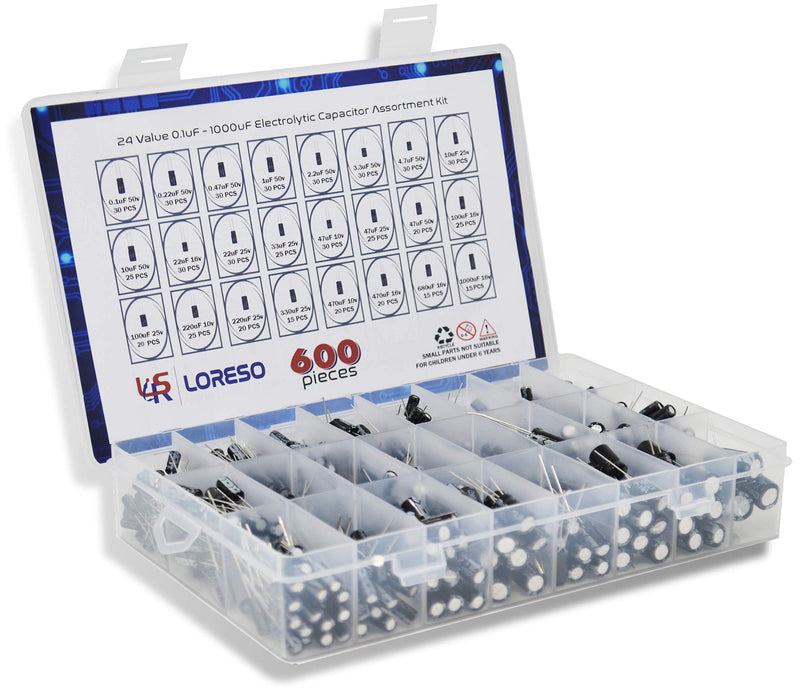 Electrolytic Capacitor Assortment Kit Box by Loreso 600pcs 24 Value - Electrolytic Capacitors 0.1uf to 1000uf 50V, for Aurdiono Hobby Electronics, Audio-Video Project Electronic Repair