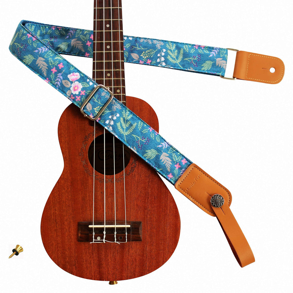 MUSIC FIRST Original Design Vintage “Dawn Fog Garden” Soft Cotton & Genuine Leather Ukulele Strap Ukulele Shoulder Strap With a MUSIC FIRST Genuine Leather Strap Locker