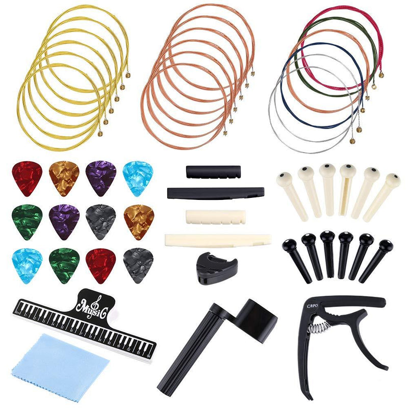 Auihiay 51 PCS Acoustic Guitar Strings Kit Include Guitar Strings, Guitar Capo, Music Book Clip, Guitar Picks, String Winder, Bridge Pins, Cleaning Cloth