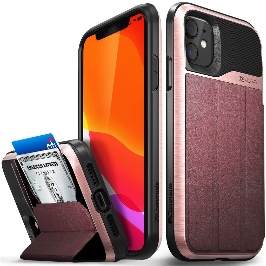 Vena vCommute Wallet Case Compatible with Apple iPhone 11 (6.1"-inch 2019), (Military Grade Drop Protection) Flip Leather Cover Card Slot Holder with Kickstand - Rose Gold Rose Gold / Red