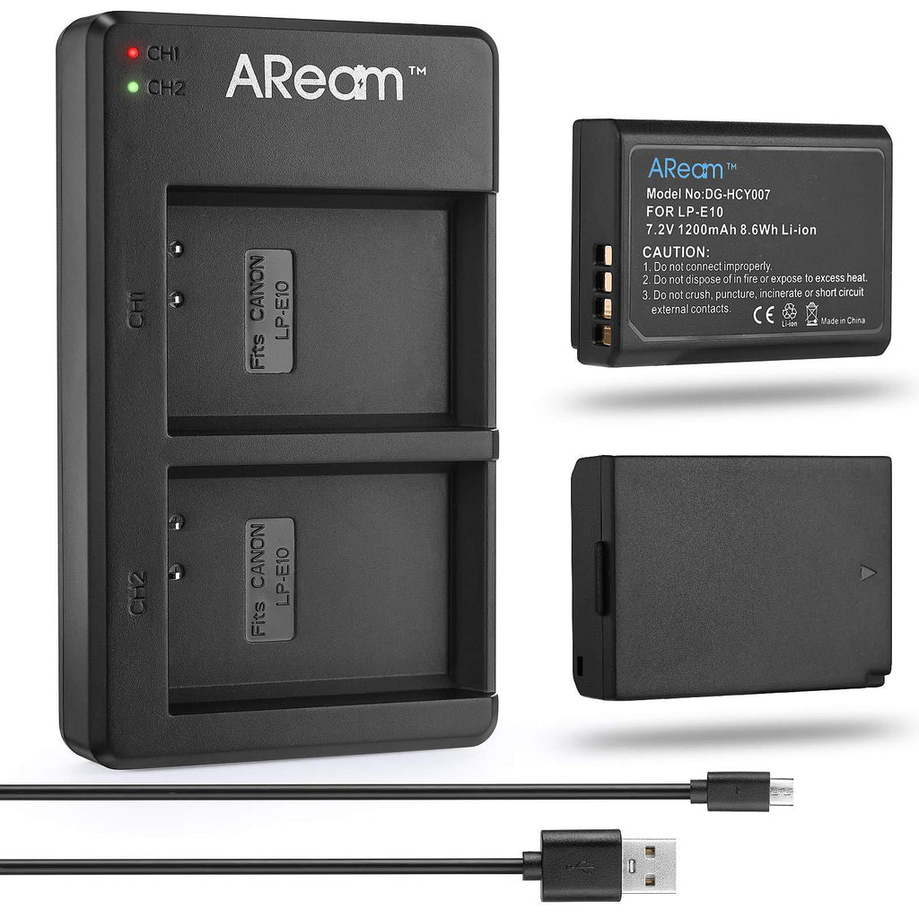 Aream LP-E10 Camera Battery Charger Set ，2-Pack Battery & Dual Charger for Canon EOS Rebel T3,Canon Rebel T5, Canon Rebel T6, T7, Kiss X50, Kiss X70, EOS 1100D, EOS 1200D, EOS 1300D