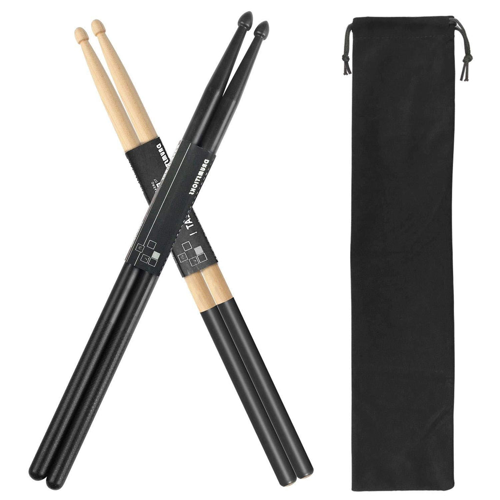 Drum Sticks 5A 1 Pair Nylon Drumsticks 1 Pair Non-Slip Maple Wood with a Velvet Drawstring Bag(Black) 1×Maple 1×Nylon (black)