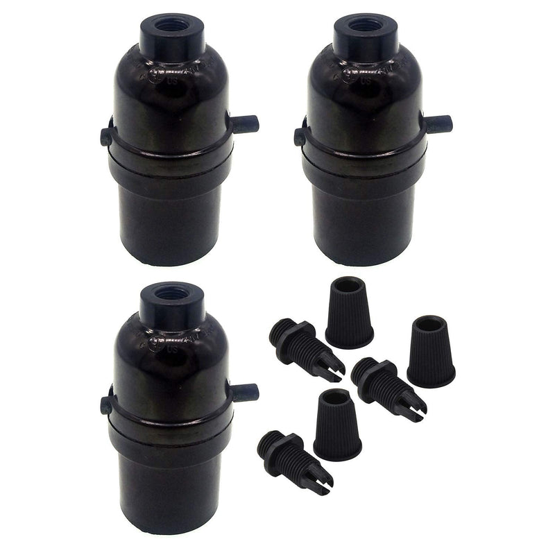 Phenolic Medium Base Light Socket with Push Switch, 3 Pack E26 Medium Screw Light Holder Black Edison Retro Pendant lamp holder
