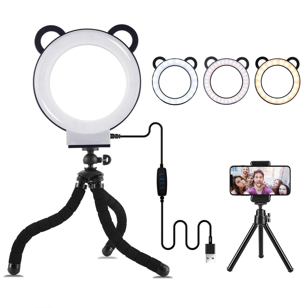 Lusweimi LED Ring Light 6 Inch with Tripod Stand for YouTube Video and Makeup, Mini LED Camera Light with Cell Phone Holder Tabletop Lamp with 3 Light Modes and 11 Brightness Level (Black) black with phone holder