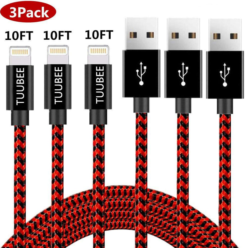 iPhone Charging Cable, 3 Pack 10FT TUUBEE Durable iPhone Charger Cable Nylon Braided Lightning Cord Fast Charging & Syncing iPhone Chargers Compatible iPhone XS/Max/XR/X/8P/8/7/6/iPad(Red&Black)