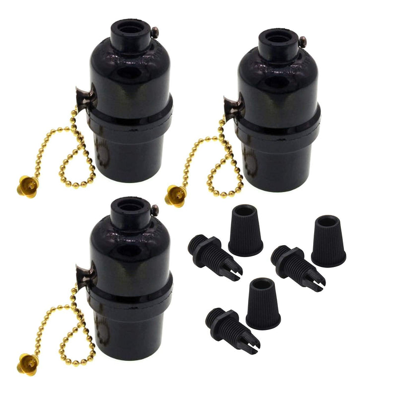 Phenolic Medium Base Light Socket with Pull Chain Switch,3 Pack TWDRTDD Black Period Style E26 E27 Edison Retro Pendant Lamp Holder (1/8 IP Thread Cap)