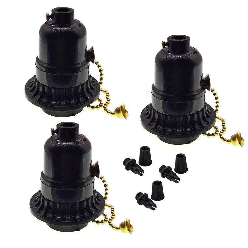 Phenolic Medium Base Light Socket with Pull Chain Switch,3 Pack TWDRTDD Black Period Style E26 E27 Edison Retro Pendant Lamp Holder (Full Uno Thread and Ring)