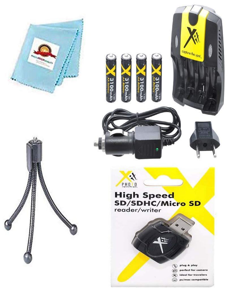4X Batteries + Charger + Card Reader + Tripod + Cleaning Cloth for Kodak PixPro AZ251, PixPro AZ252, PixPro AZ401, Digital Cameras