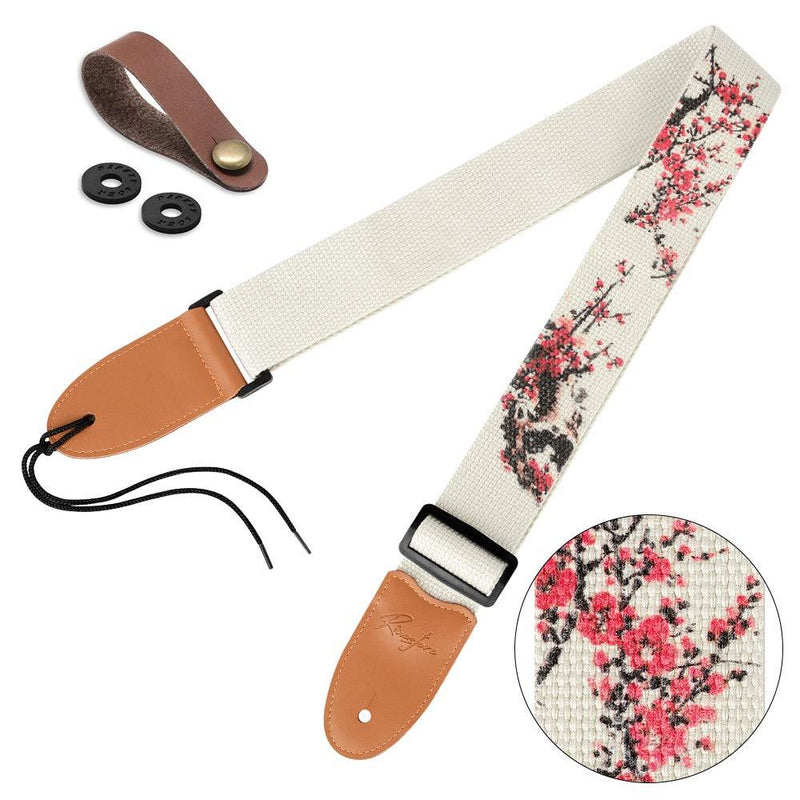 Guitar Strap Vintage Tweed 100% Cotton & Leather Ends Shoulder Strap For Bass, Electric & Acoustic Guitars (Plum Blossoms) Plum Blossoms