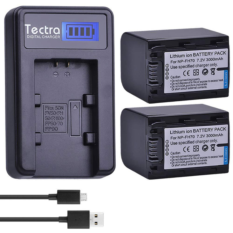 Tectra 2-Pack NP-FH70 Rechargeable Battery and LCD USB Charger for Sony NP-FH100, FH60, FH70, NP-FH90 and Sony DCR-DVD650, DCR-HC20, DCR-HC21, DCR-HC22, DCR-HC48, DCR-HC51, DCR-HC62, DCR-SR42