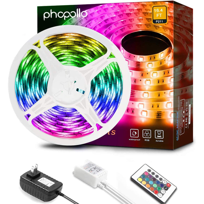 [AUSTRALIA] - Phopollo Led Strip Lights, 16.4ft 3528 300 LEDs Waterproof Flexible LED Lights with 24 Keys IR Remote Controller and 12V Power Supply for Bedroom, Home Decoration 