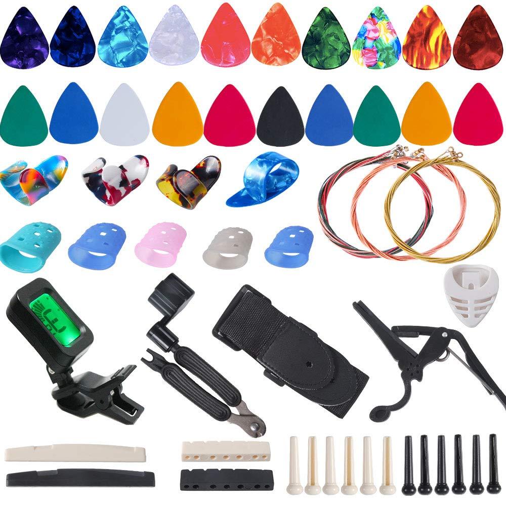 Guitar Accessories Kit Include Guitar Strings, Guitar Picks,Guitar Bridge Nut & Saddle，Bridge Pins, Tuner, Capo，Strap，Pick Holder, Restring Tool，Finger Protector，Finger Guitar Picks