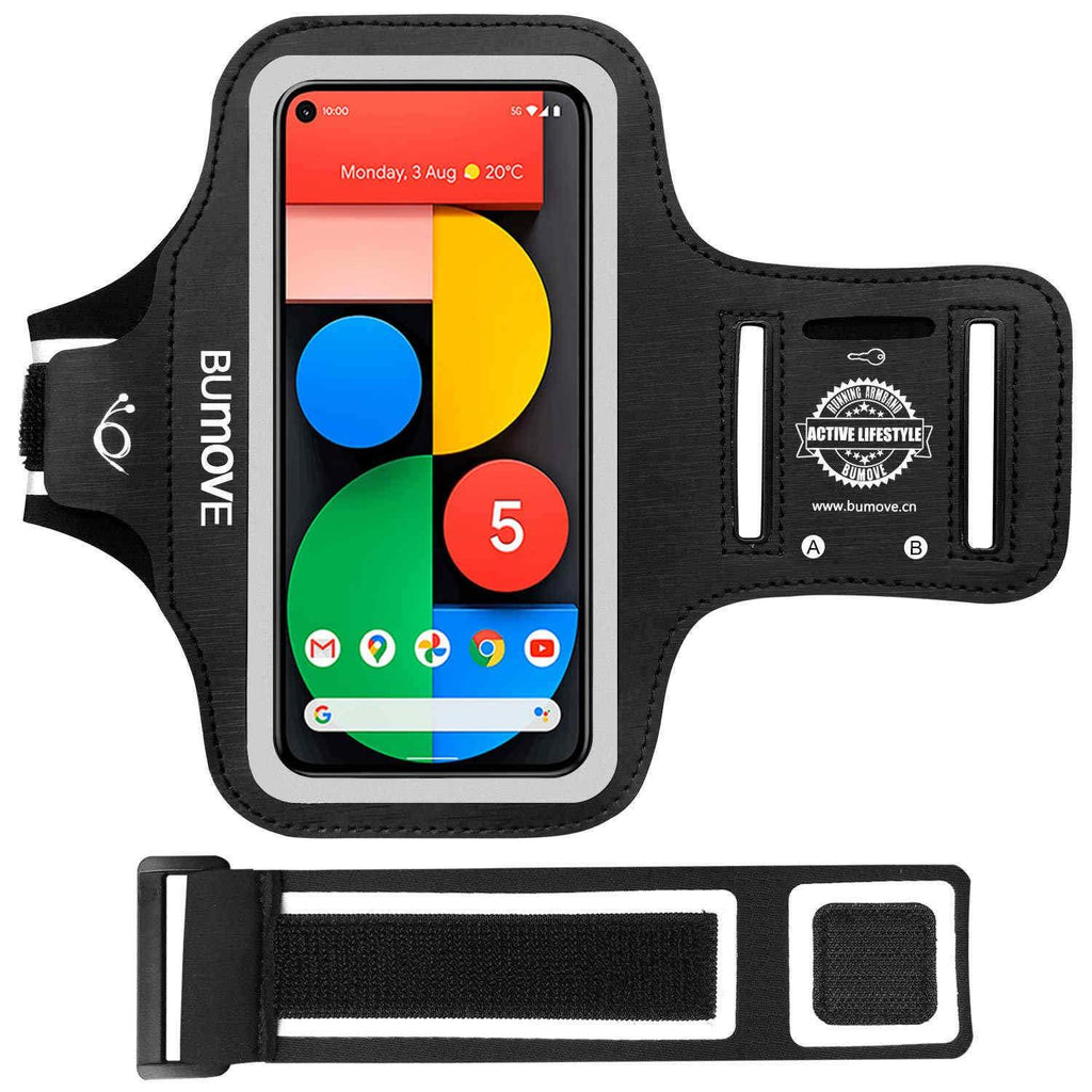 Pixel 5a/5/4a/4/3 Armband, BUMOVE Gym Running Workouts Sports Phone Arm Band for Google Pixel 5a, 5, 4a, 4, 3a, 3, 2 with Key/Card Holder (Black) Black