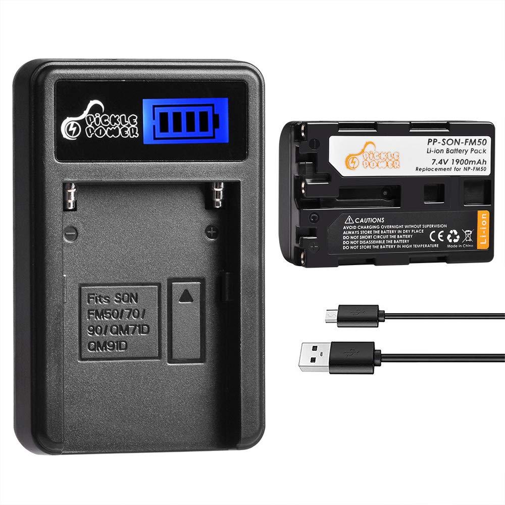 NP-FM50, Pickle Power 1 Pcs Replacement Battery and Slim LCD USB Charger Compatible with Sony NP FM30 FM51 QM50 QM51 FM55H Battery and Cyber-shot F707 F717 F828 R1 S30 S50 S70 S75 S85 Camcorder/Camera