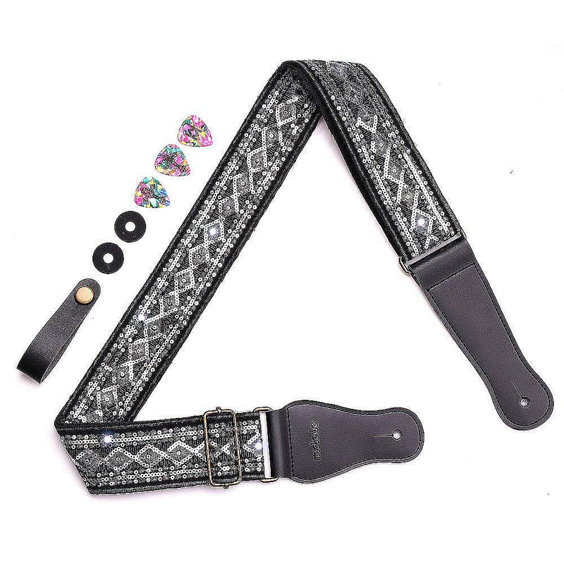 Bling Reflective Spark Sequin Cotton Guitar Strap FREE BONUS- 3 Picks + Strap Locks + Strap Button Best Gift for Men Women Guitarist for Bass, Electric & Acoustic Guitars 2" Wide (Silver Gray) Silver Gray