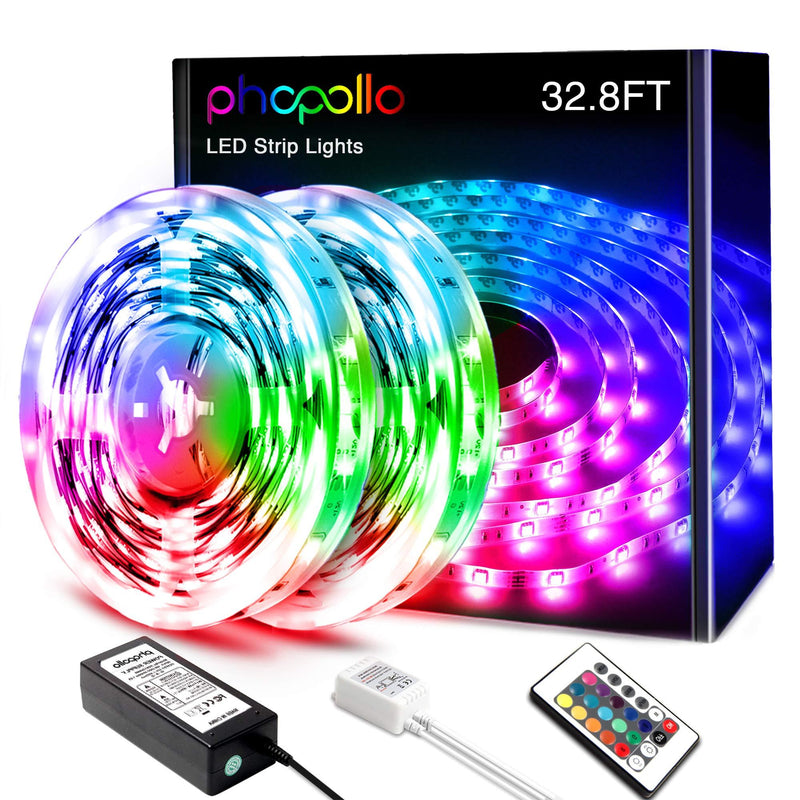 [AUSTRALIA] - Phopollo LED Strip Lights 32.8ft Color Changing 3528 600Leds Non Waterproof Flexible Led Tape Light Kit with 24 Key IR Remote Controller and 12V Power Supply for Room, Bedroom 