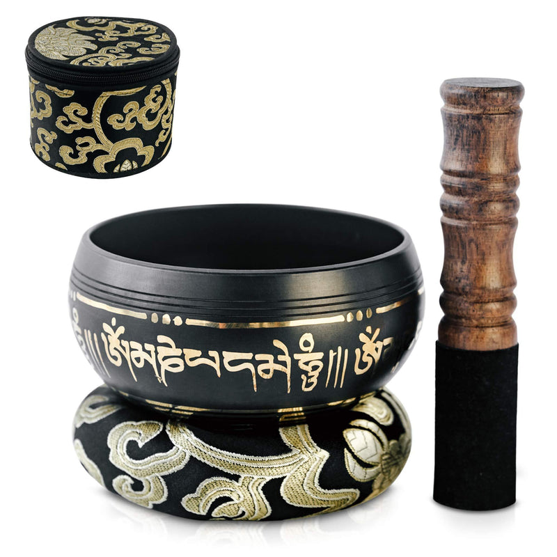 Tibetan Singing Bowl Set ~ Easy to Play with Fabric Case, Cushion, and Mallet ~ Handcrafted in Nepal for Meditation, Yoga, Spiritual Healing and Mindfulness Black