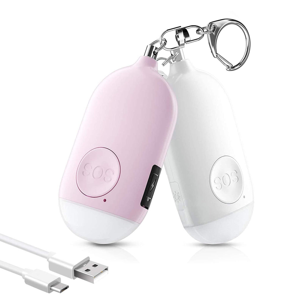 Safesound Personal Alarm Siren Song 2 Pack - 130dB Self Defense Alarm Keychain Emergency LED Flashlight with USB Rechargerable - Security Personal Protection Devices for Women Girl Kid Elderly Pink & White