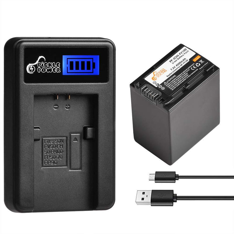 NP-FV100 Pickle Power 4200mAh 7.2V Battery and LCD USB Charger Replacement for Sony DCR-SR15, SR21, SR68, SR88, SX15, SX21, SX44, SX45, SX63, SX65, SX83, SX85, FDR-AX100, HDR-CX105, CX110, CX115