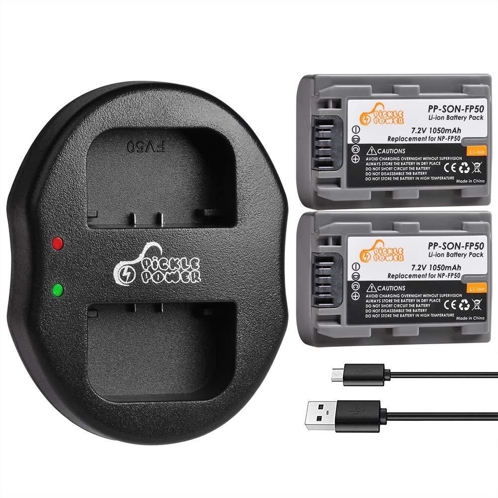 NP-FP50 NP-FP51 Pickle Power (x2) Batteries and Dual Slots USB Charger Compatible with Sony DVD HandyCam DCR-DVD105 DCR-DVD202E DCR-DVD92 DCR-SR100 DCR-HC18E Camcorders. (1050mAh, 7.2V)