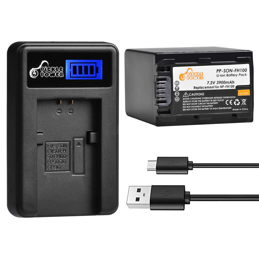 NP-FH100 Pickle Power x1 3900mAh 7.2V Battery and LCD USB Charger Replacement for Sony DCR-DVD203, DCR-DVD205, DCR-DVD408, DCR-DVD508, DCR-DVD560, DCR-DVD610, DCR-DVD650, DCR-DVD710, DCR-DVD810