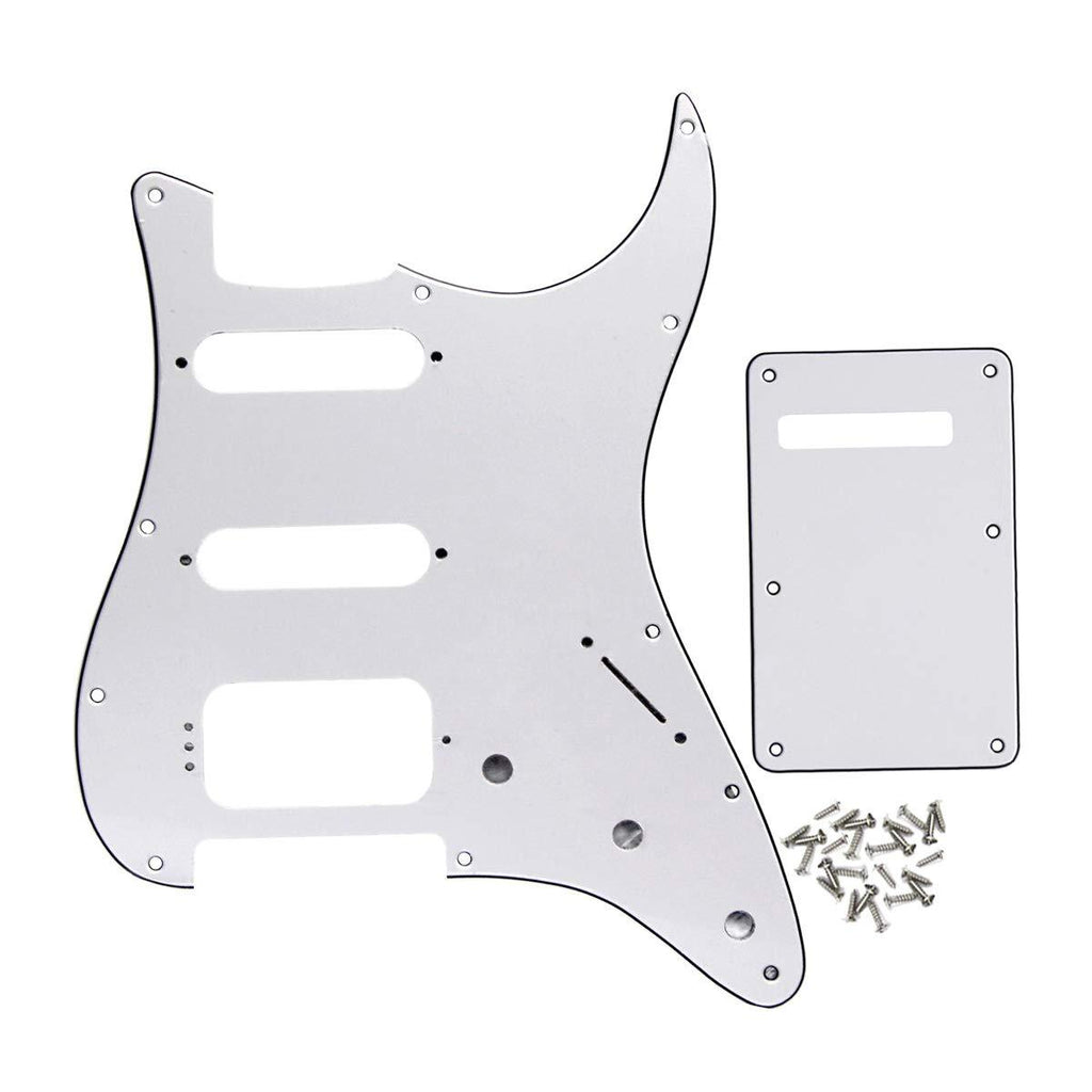 FLEOR 3Ply White 11 Hole Round Corner Strat HSS Pickguard Guitar BackPlate Set Fit USA/Mexican Stratocaster 4-screw Humbucking Mounting Open Pickup
