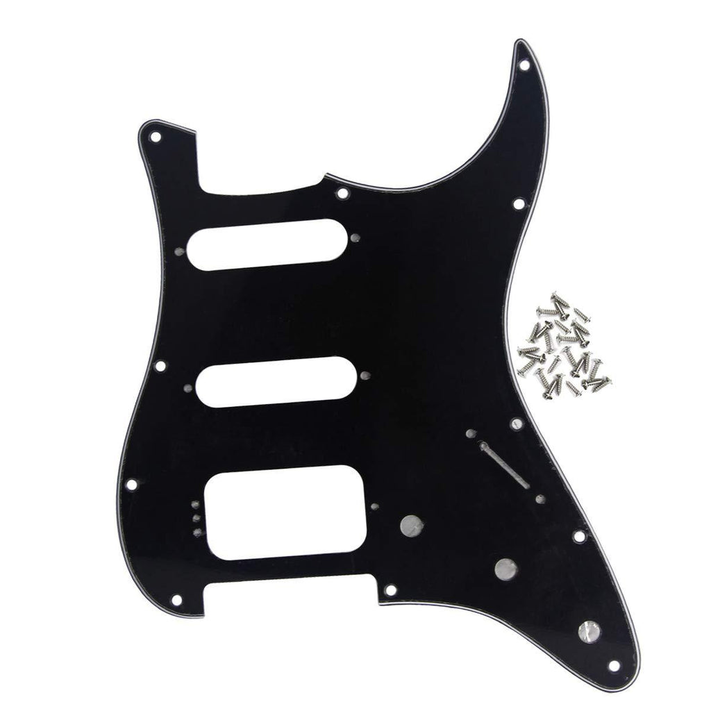 IKN 11 Hole Round Corner Strat HSS Pickguard with 4-screw Humbucking Mounting Fit American/Mexican Stratocaster Open Pickup, 3Ply Black