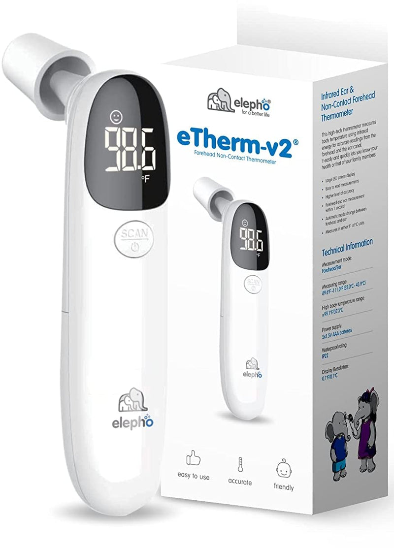 Elepho eTherm Ear & Forehead Non-Contact Thermometer Infrared & Digital Thermometers for Adults, Kids, Babies & Infants Instantly Accurately Reads Temperature Slim Design, Easy to Read Large Display.