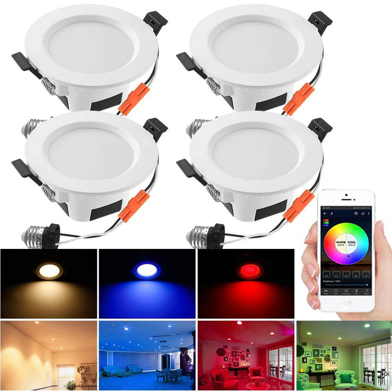 INDARUN Smart Recessed Downlight, 4 Pack LED Lighting Fixtures 3 Inch, RGBCW 5W 350LM 2700K-6500K Dimmable Multicolor Ceiling Can Lights, Bluetooth and WiFi for Alexa and Google Assistant 3 Inch 5W 4 Pack Bluetooth (Lights Only)