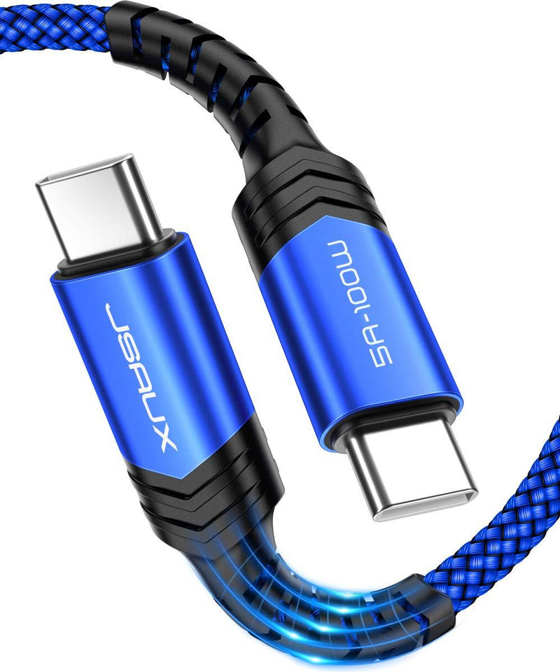 USB C to USB C 100W Cable 10ft, JSAUX USB Type C Fast Charging Charger Cord Compatible with MacBook Pro 2020 2019 2018, iPad Air 4, iPad Pro 2020 2018, Galaxy S21 S20 Ultra Note 20 10, etc-Blue Blue