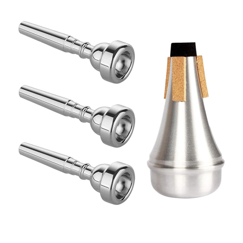 3 Pack Trumpet Mouthpiece (3C 5C 7C) with Lightweight Aluminum Practice Trumpet Mute Silencer Fit for Yamaha Bach Conn King Replacement Musical Instruments Accessories, Silver