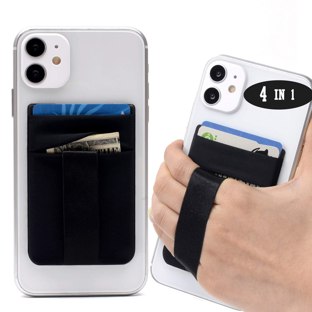 Polifall Cell Phone Card Holder Stick On Wallet Sleeve Back - Double Pocket + Finger Grip Strap Loop + Metal Plate for Magnet Mount + RFID Block for iPhone, Galaxy, Android, Mobile - Black