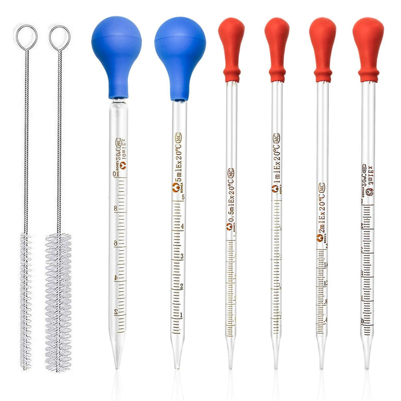 6 Pieces Glass Pipettes Graduated Dropper 0.5ml 1ml 2ml 3ml 5ml 10ml Long Glass Pipette Dropper with 6 Rubber Caps for Transfer Liquid Essential Oil 6 Pieces