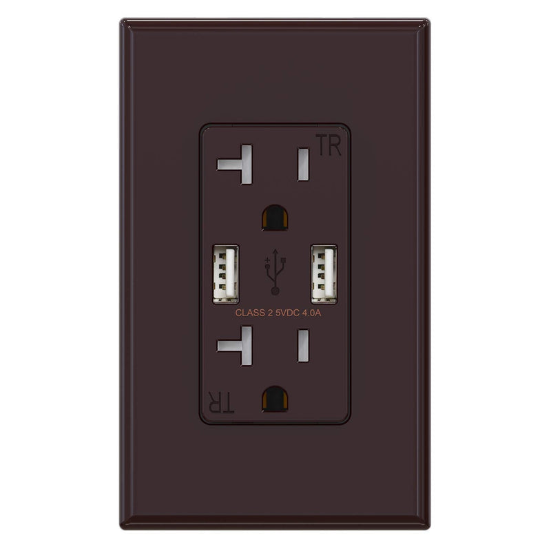 (1 Pack, Glossy Brown) ELEGRP USB Outlet Wall Charger, Dual High Speed 4.0 Amp USB Ports with Smart Chip, 20 Amp Duplex Tamper Resistant Receptacle Plug NEMA 5-20R, Wall Plate Included, UL Listed 1