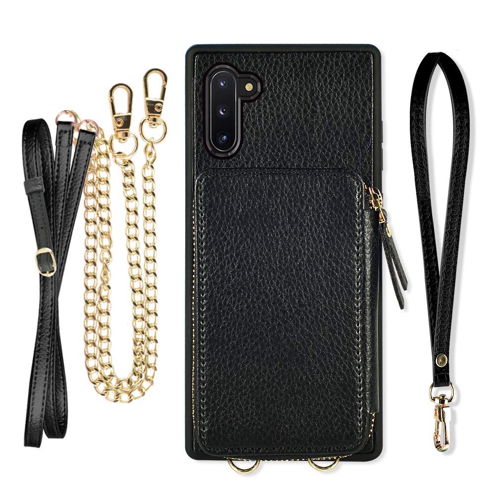 Samsung Galaxy Note10 Plus Wallet Case, ZVE Case with Crossbody Chain Strap Credit Card Holder Zipper Handbag Purse Wrist Strap Print Cover for Galaxy Note 10 Plus 5G (2019), 6.8 inch - Black