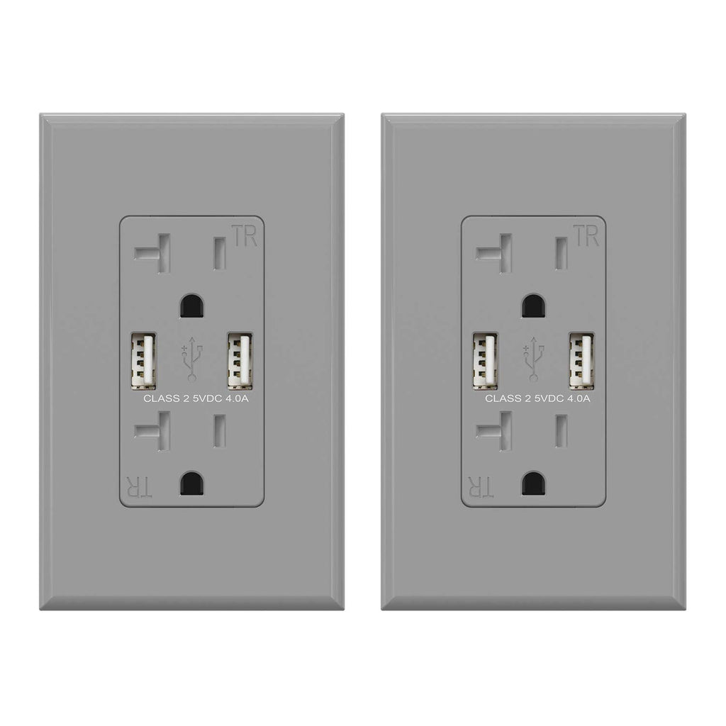 (2 Pack, Glossy Gray) ELEGRP USB Outlet Wall Charger, Dual High Speed 4.0 Amp USB Ports with Smart Chip, 20 Amp Duplex Tamper Resistant Receptacle Plug NEMA 5-20R, Wall Plate Included, UL Listed Grey 20 Amp Outlet
