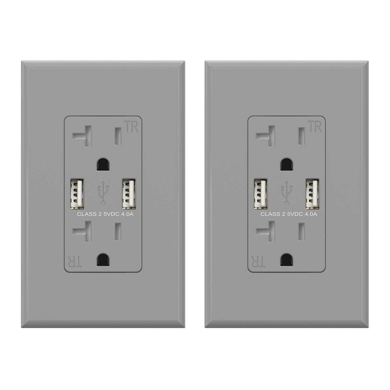 (2 Pack, Glossy Gray) ELEGRP USB Outlet Wall Charger, Dual High Speed 4.0 Amp USB Ports with Smart Chip, 20 Amp Duplex Tamper Resistant Receptacle Plug NEMA 5-20R, Wall Plate Included, UL Listed Grey 20 Amp Outlet