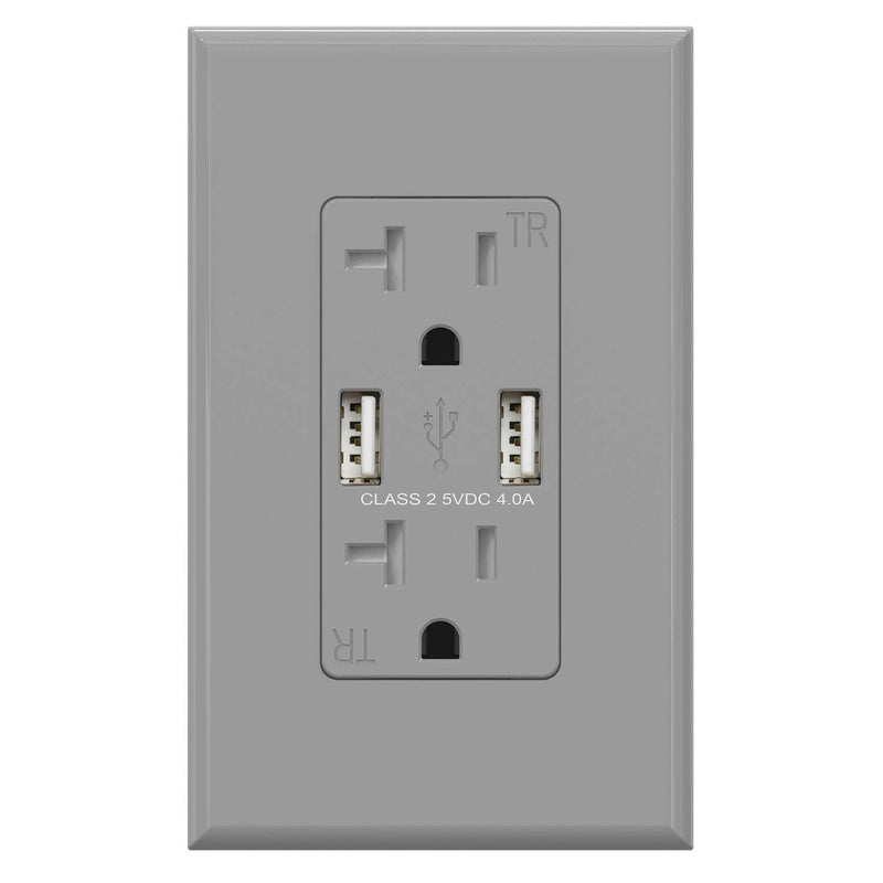 (1 Pack, Glossy Gray) ELEGRP USB Outlet Wall Charger, Dual High Speed 4.0 Amp USB Ports with Smart Chip, 20 Amp Duplex Tamper Resistant Receptacle Plug NEMA 5-20R, Wall Plate Included, UL Listed 1