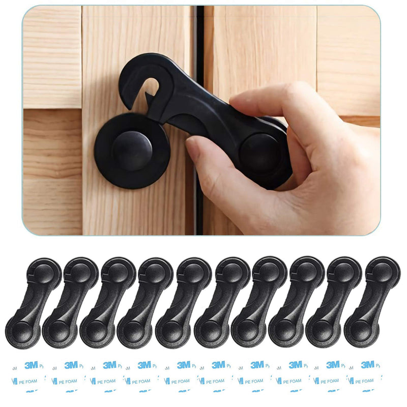 Child Safety Cabinet Locks (10 Pack) - Baby Proofing Latches Lock for Drawers, Toilet Seat, Fridge, Oven, with 10 Extra 3M Adhesives (Black) Black