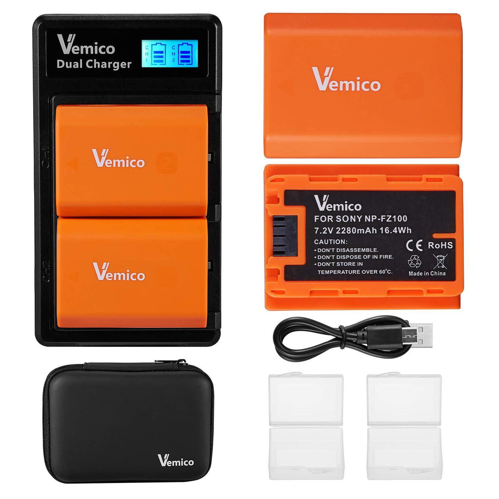 Vemico NP-FZ100 Battery Charger Kit Z-Series 2 X 2280mAh Replacement Batteries with LCD Type-C Charger for Alpha A7III/A7R III/A9/A9S/A9R/Alpha 9/A7R3/A6600 2*NP-FZ100 Batteries+1*Charger