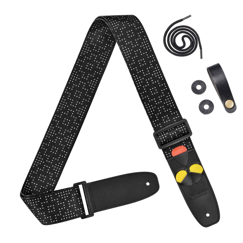 Amumu White Dot Guitar Strap with 3 Pick Holders for Acoustic, Electric, Bass Guitars -Black Black