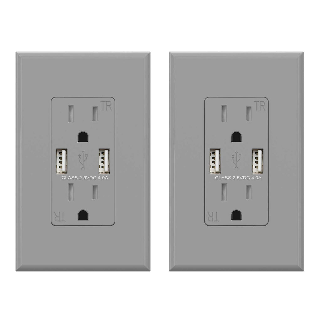 (2 Pack, Glossy Gray) ELEGRP USB Outlet Wall Charger, Dual High Speed 4.0 Amp USB Ports with Smart Chip, 15 Amp Duplex Tamper Resistant Receptacle Plug NEMA 5-15R, Wall Plate Included, UL Listed Grey 15 Amp Outlet