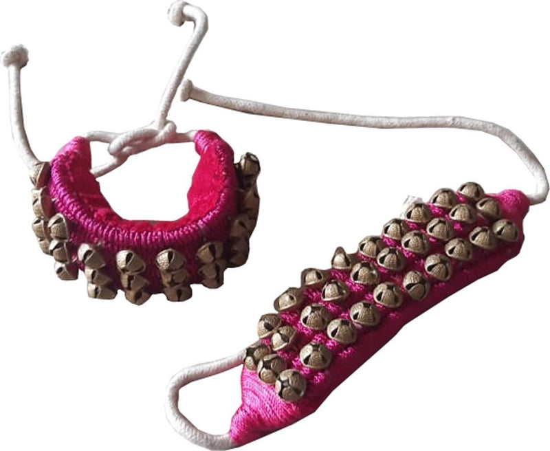 [AUSTRALIA] - KVR Kathak Bharatnatayam indian traditional dance anklets brass bells ghungroo pair tied over velvet pad for comfortable performance (3 row of bell, Fusia) 3 row of bell 