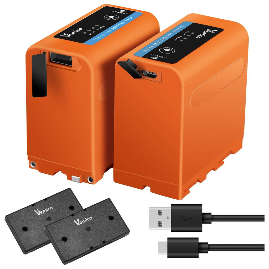 Vemico NP-F970 Battery NP F980/F960/F530/F550/F570/F730/F750/F770/F930/F950 Battery Series 2x7800mAh 4 LED Light Micro USB Cable for HDR-AX2000E/DCR-VX2100E/FDR-AX1E/HXR-NX3 Camera Battery Orange